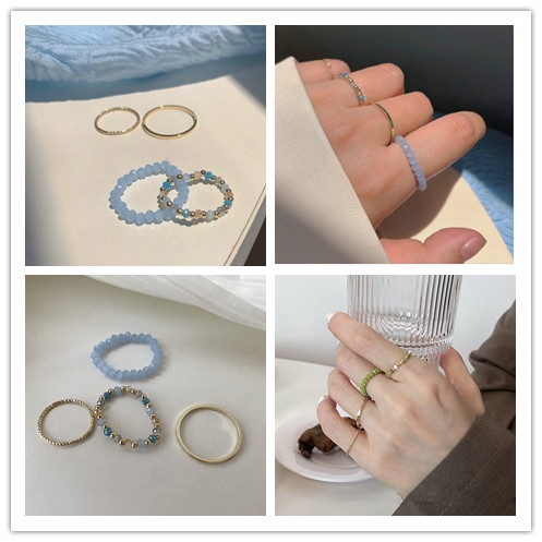 4pcs / set Cincin Jari Telunjuk Manik-Manik Biru Untuk Wanita