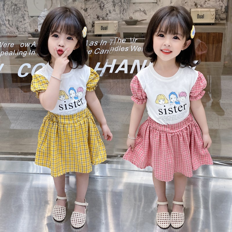 Promo !! Setelan baju anak perempuan / Setelan three sister square import ukuran 1-2 tahun (pink,kuning)