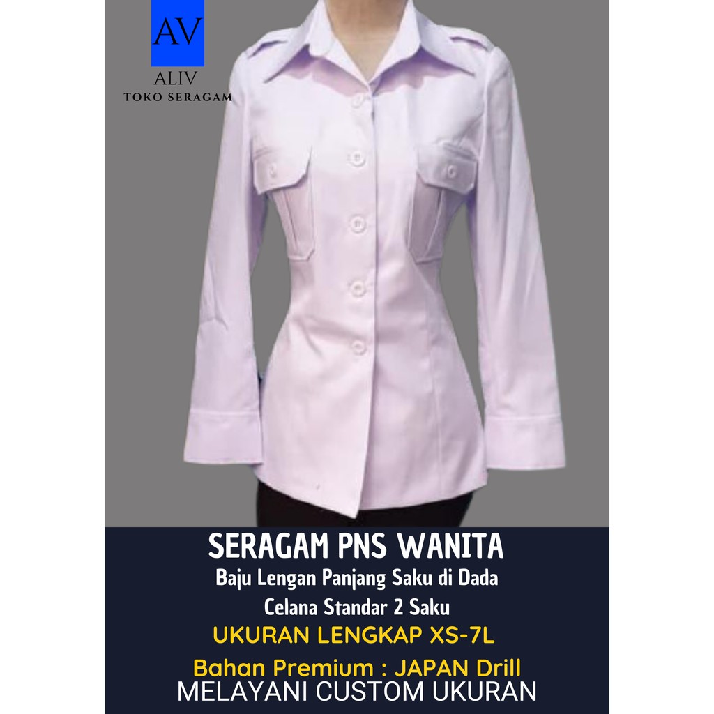 Setelan Seragam PNS PDH Pemda Wanita HItam Putih Japan Drill XS-7L Saku di Dada