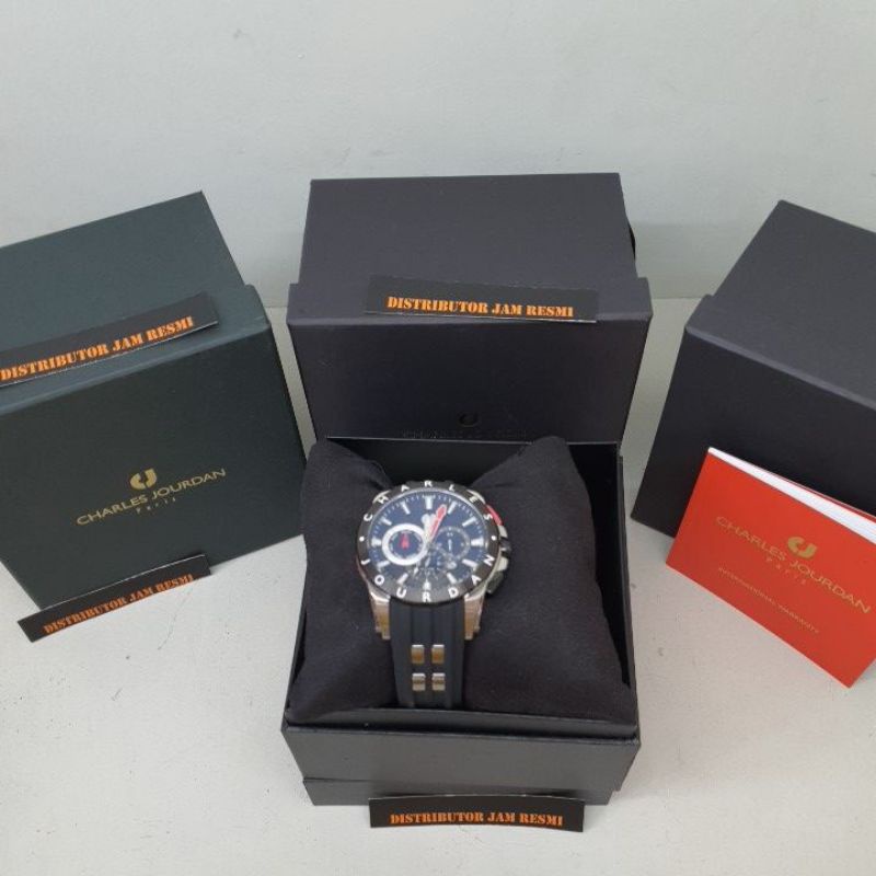 Jam Tangan Pria Charles Jourdan CJ1034-1332M Silver Black Rubber Cronograph