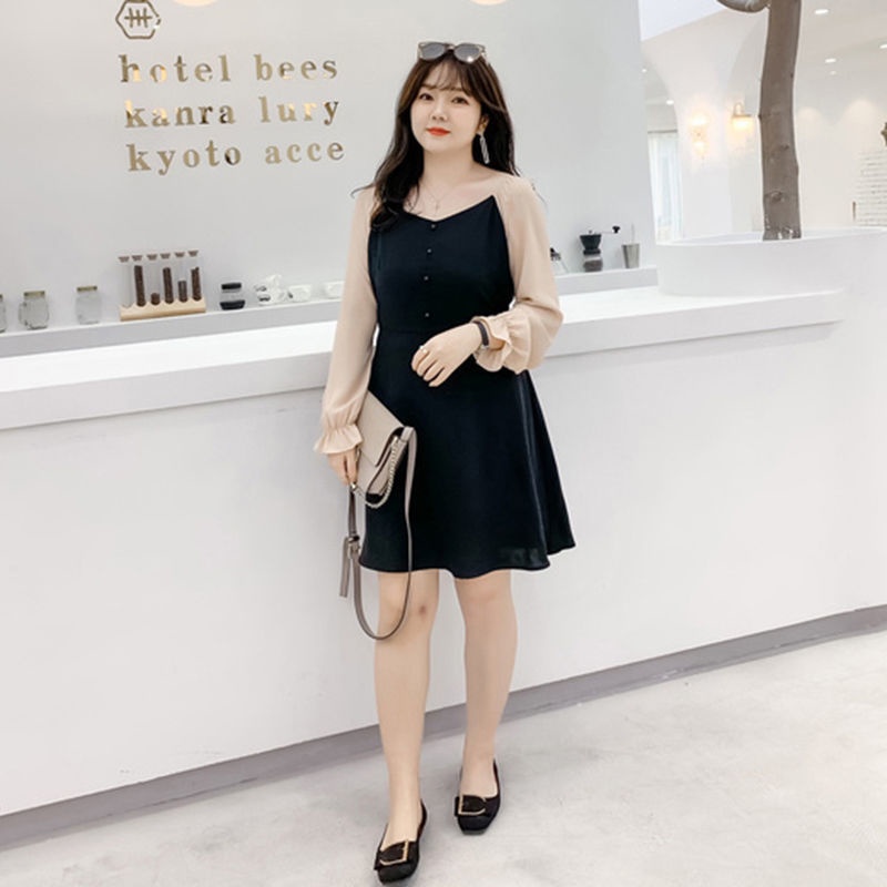 Spring and autumn dress 2021 new large women's dress 200kg skirt V-neck contrast color fat mm thin l