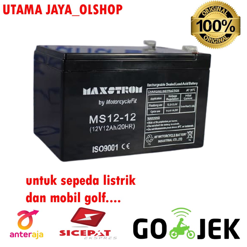 Aki kering baterai VRLA Maxstrom MF 12V 12AH sepeda listrik dan mobil golf 12AH 12V