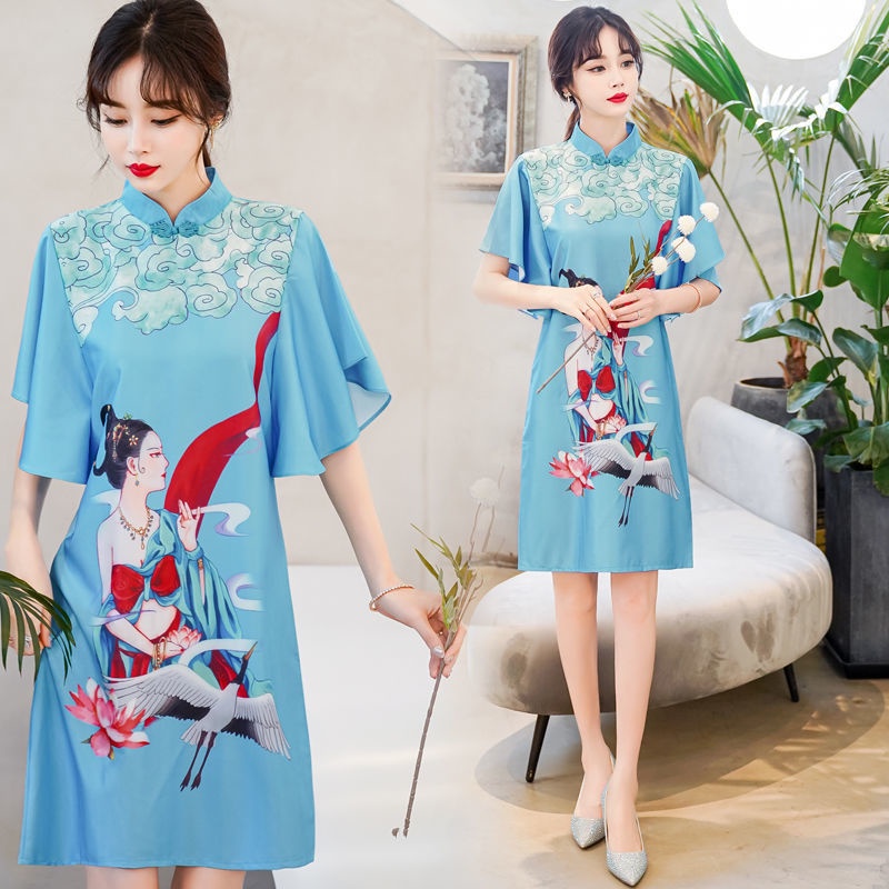New printed cheongsam 202mm women's dress with large sleeves