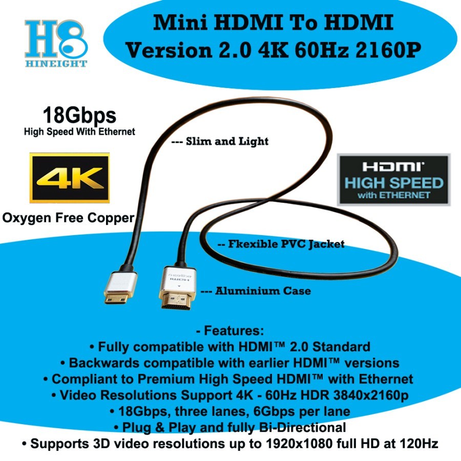 Kabel Mini HDMI To HDMI 1.5 Meter Versi 2.0 Ultra HD 4K 2160P@ 60Hz HDR (HINEIGHT(H8)) - H8-HC15M