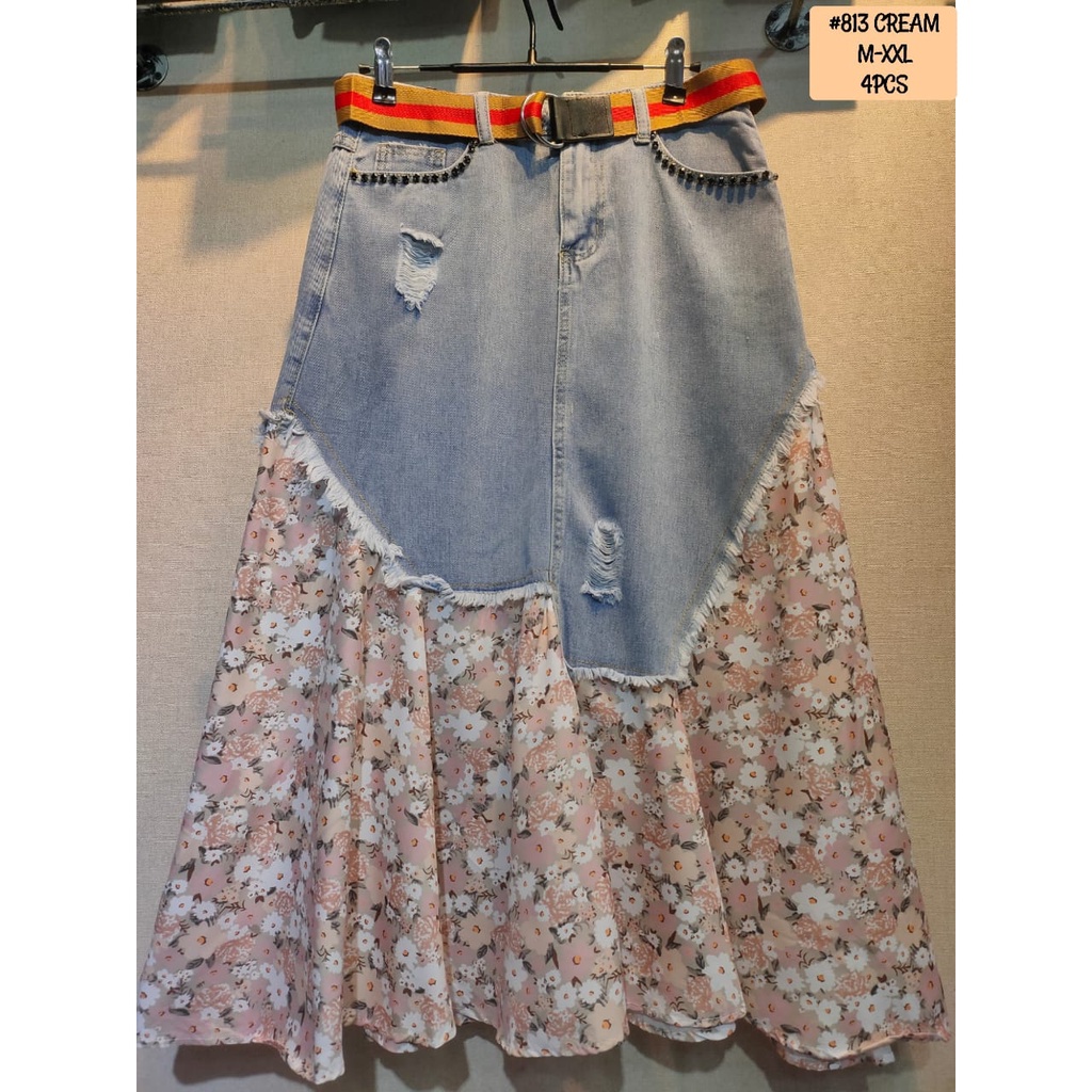 Rok Jeans Kombinasi Flora