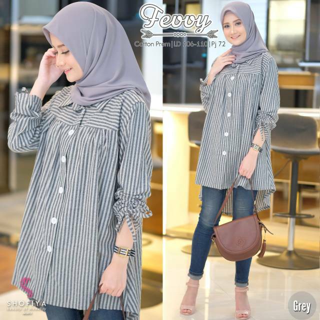 Fevvy Tunik Salur Katun Fit XL 106-110 PB 72 Baju Atasan Wanita Dewasa Cewek Busui Garis Garis Murah