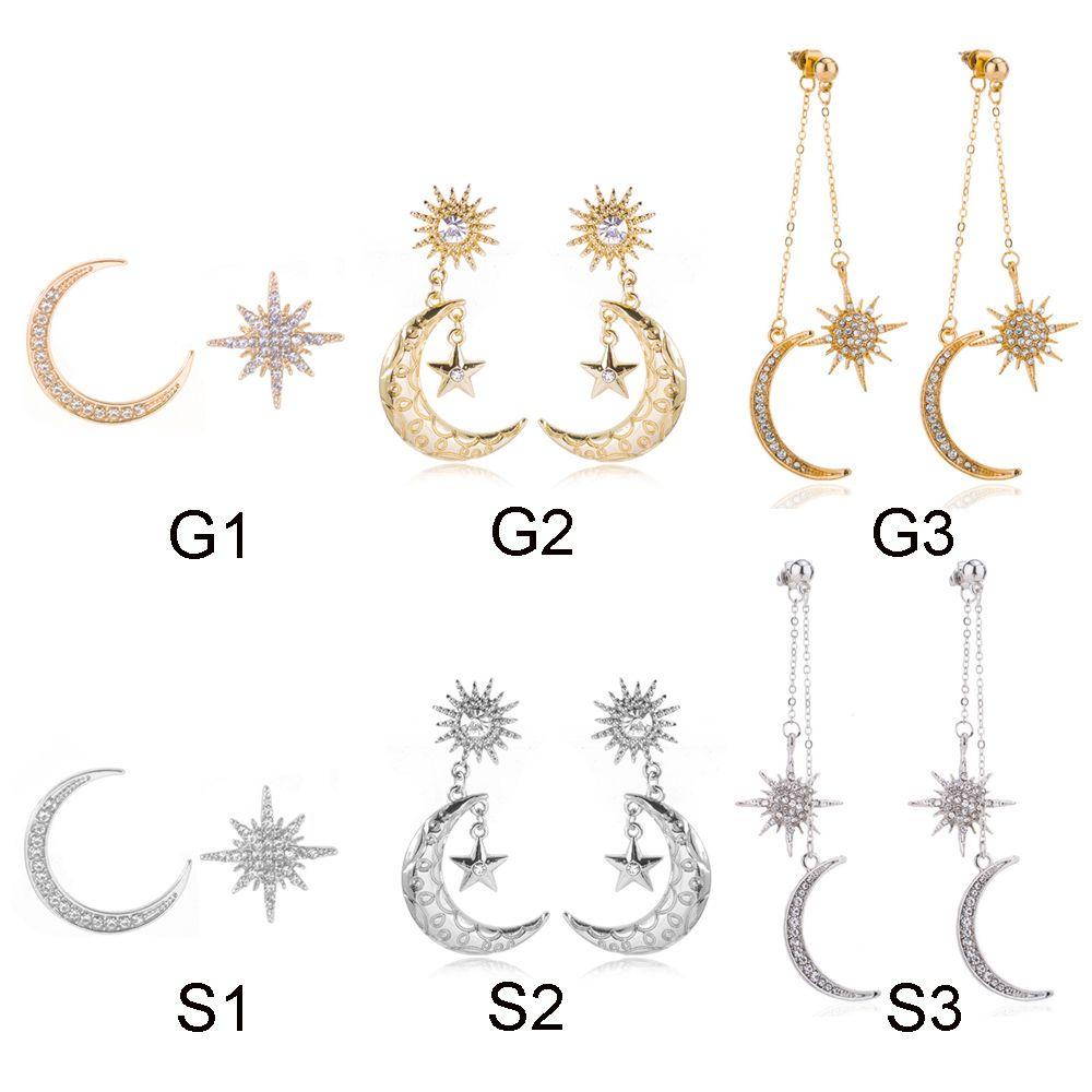 Lily Moon And Star Earrings Wanita Perempuan Gadis Asimetris Desain Perhiasan Ruang Bintang Anting Punk