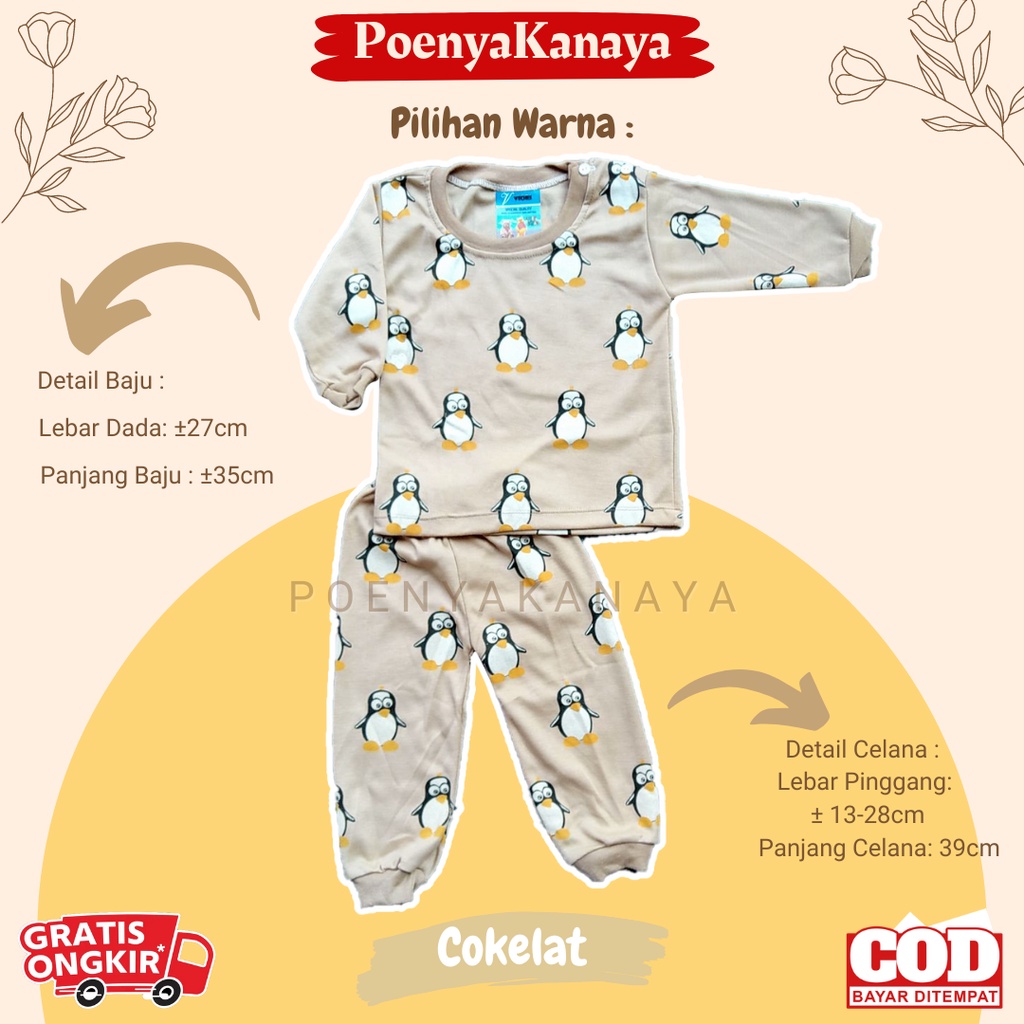 Setelan Baju Bayi Piyama Bayi Panjang Dasar Warna Full Print Pinguin Viori 3-12 Bulan SPY140