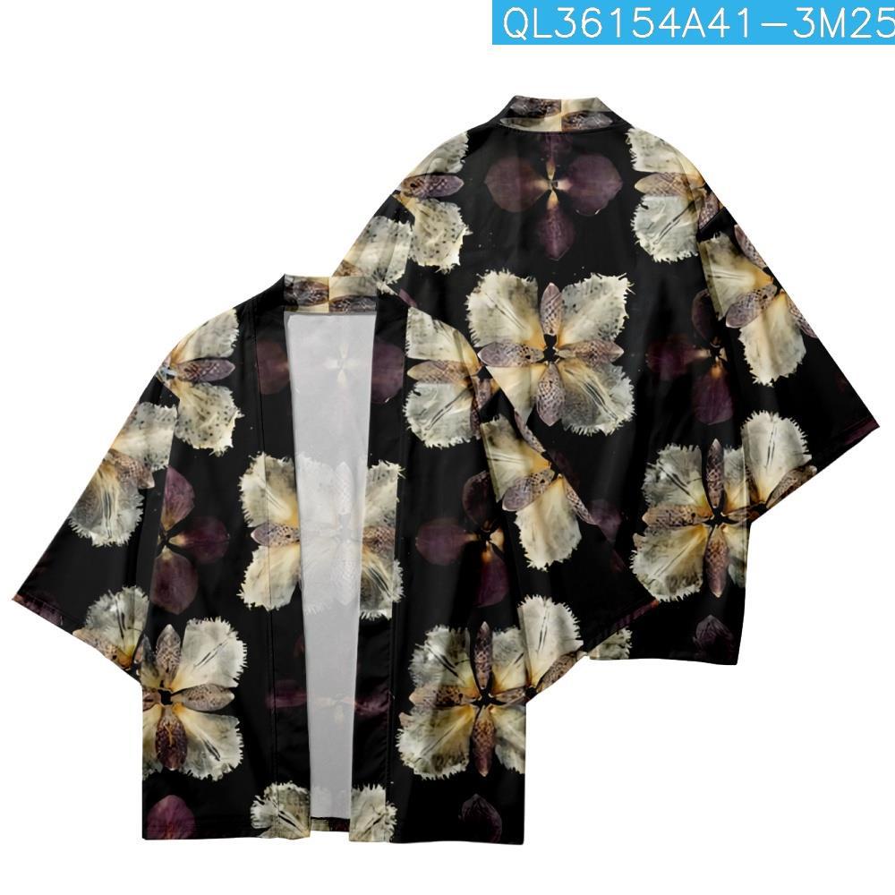 Pasangan Longgar Kasual Musim Panas Wanita Pria Haori Yukata Kartun Motif Bunga Kimono Hitam Celana 