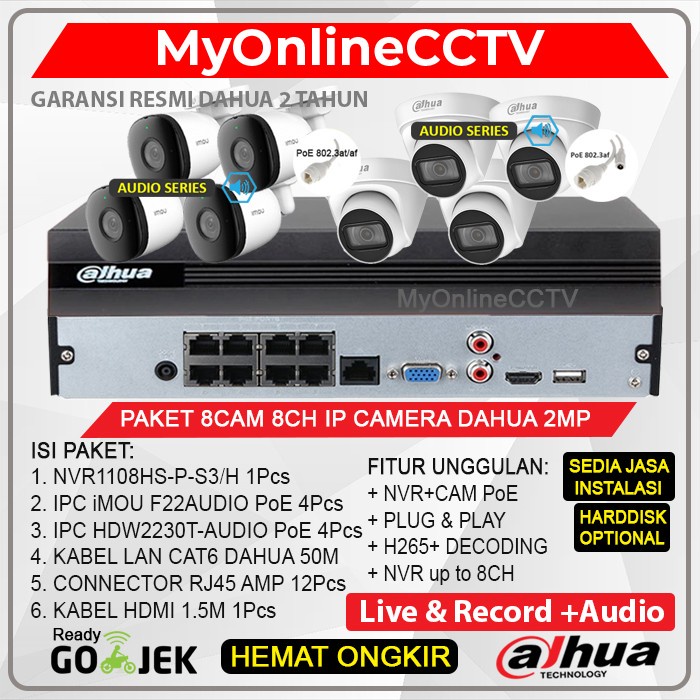 Paket CCTV 8 IP Camera 2MP Outdoor Indoor Dahua NVR 8Ch Lengkap