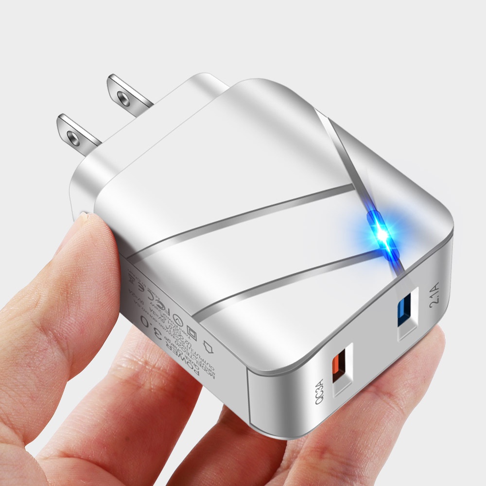 Adapter Charger Dual Port USB QC3.0 Fast Charging Multi Port Dengan Lampu Untuk Handphone