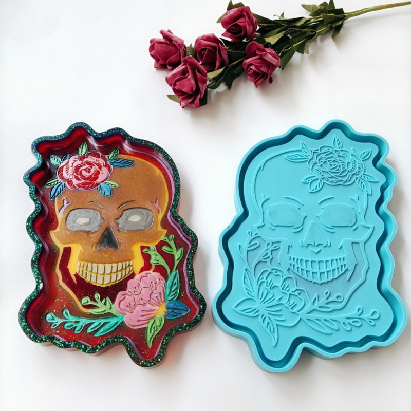 Glitter Skull Tray Epoxy Resin Mold Serving Plate Board Coaster Casting Silicone Mould DIY Crafts Jewelry Home Decorations Tool