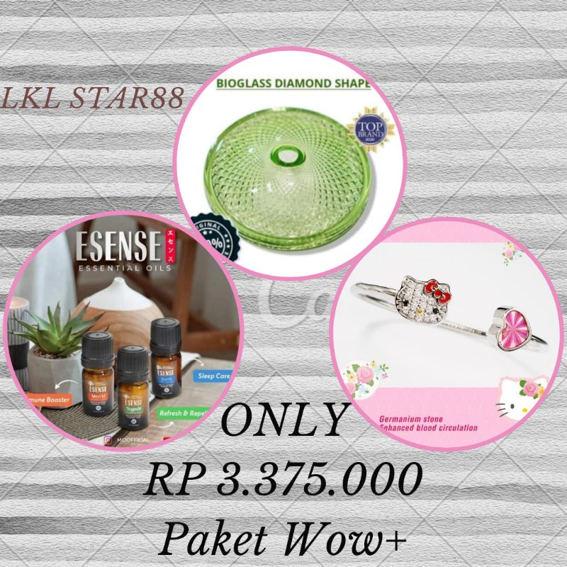 Paket Bioglass Diamond Shape D 10cm + Essense Oil Mix 2 Box + Bangle Hello Kitty ORIGINAL MCI
