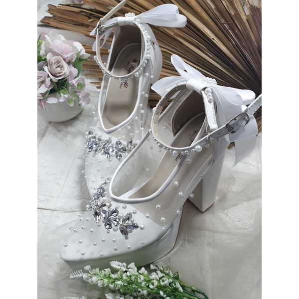 sepatu v merrisa putih jaring pita cantik 12cm