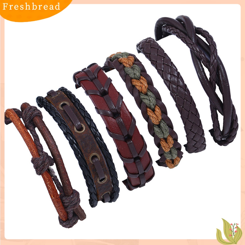 [TERLARIS]6Pcs Men Faux Leather Braided Rope Wristband Bracelet Set Vintage Jewelry Gift