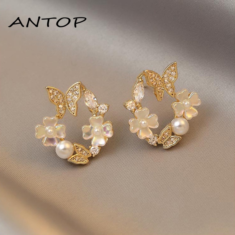 2Pcs Korea Bunga Anting Mutiara Perak Jarum Kupu-kupu Perhiasan Fashion Wanita ANTOP