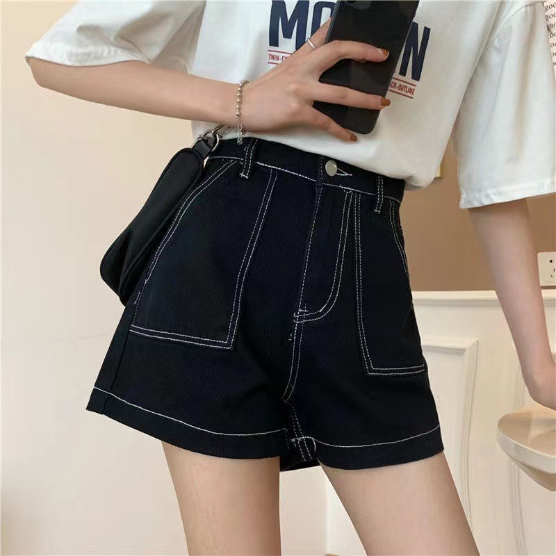 Celana Jeans Pendek Pinggang Tinggi Denim Celana Pendek Wanita Desain Niche Pelangsing A-Line Lebar Kaki Celana