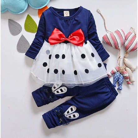 Setelan Anak Perempuan Lengan Panjang Motif Polkadot Setcel Anak Harian / Setcel Anak Ribbon Kids Pe