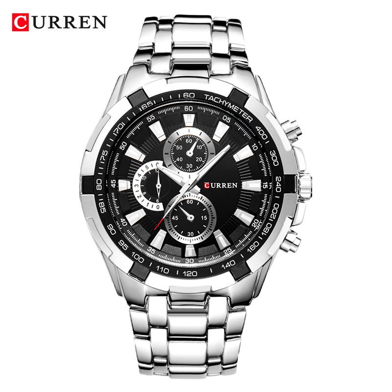 CURREN 8023 Jam Tangan Pria Analog Stainless Steel Chronograph Tidak Aktif ALL-TIME CURRENOS-Silver Hitam