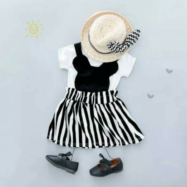 Baju Setelan Anak Perempuan Import Overall Minnie Stripe Hitam Putih