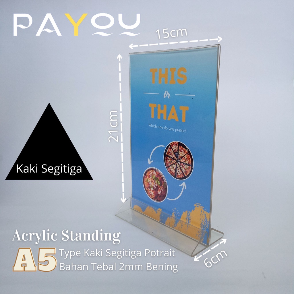 

Acrylic Standing A5 Type Kaki Segitiga Potrait/ Tempat QRIS/ Brosur/ Menu