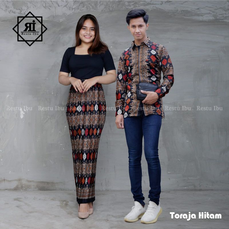 BAJU KEMEJA LENGAN PANJANG ROK PLISKET KEBAYA MOTIF BATIK ASOKA BLACK COUPLE BAHAN PREMIUM