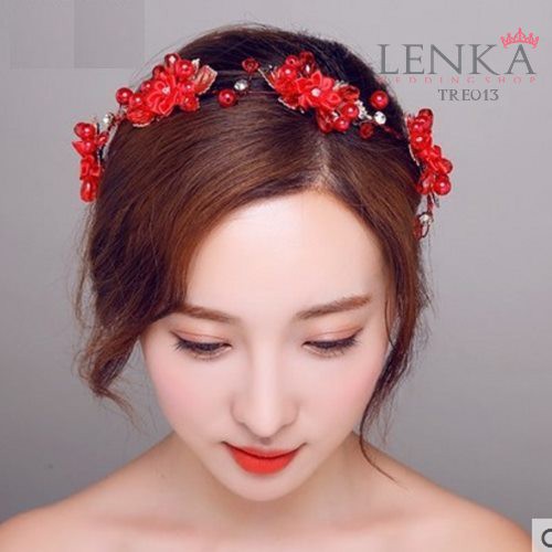 Lenka Tiara Headpiece Pesta Wedding Bridal Bunga Merah Modern TRE013