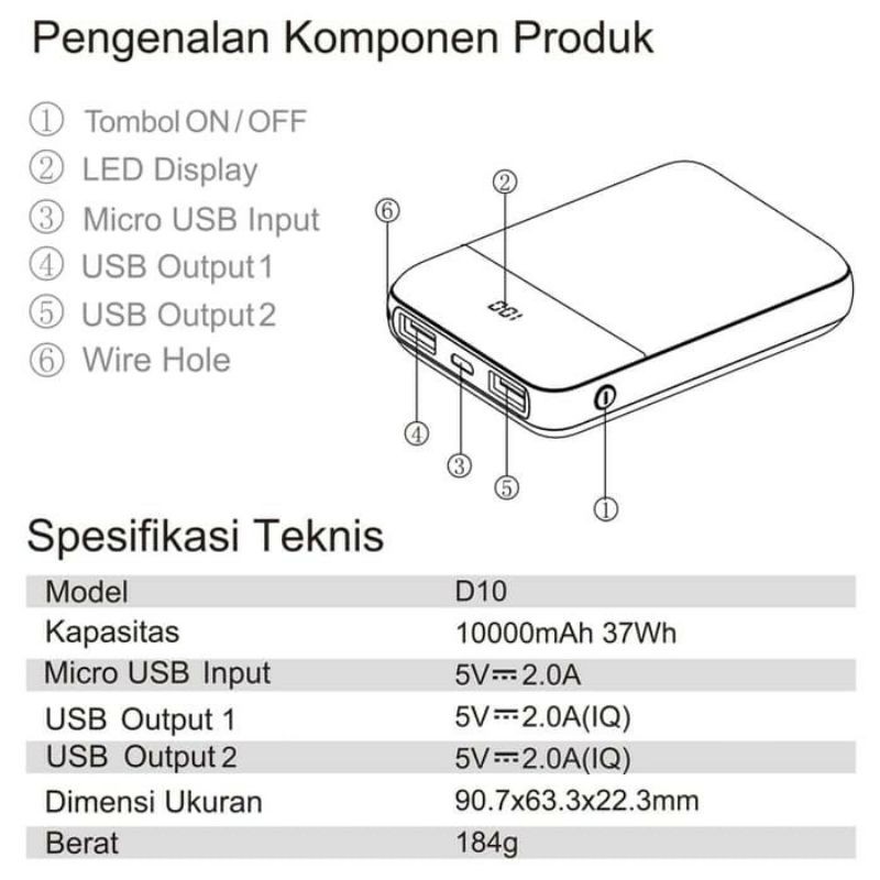 ACMIC D10 Mini Powerbank With Digital Display 2A Fast Charge 10.000mAh