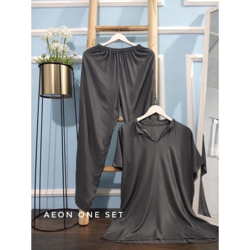 AEON ONE SET POLOS RAYON LENGAN PENDEK BUSUI ALL SIZE-Abu tua dark grey