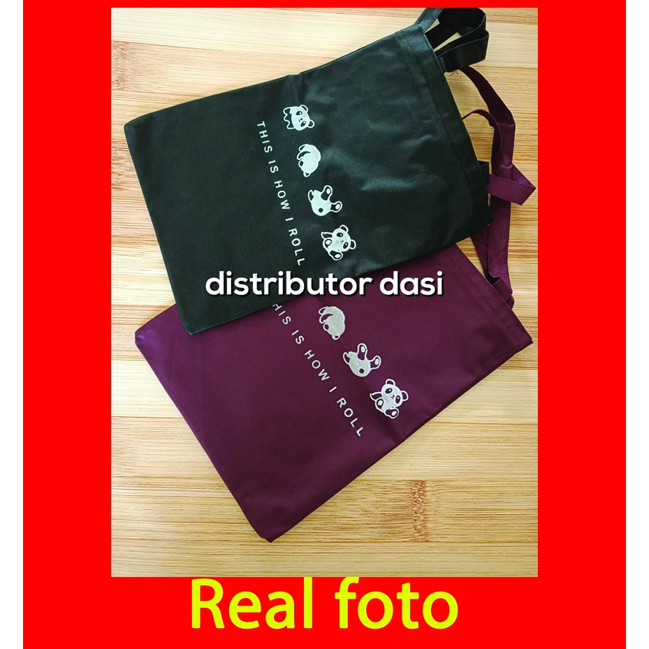 Tote Bag resleting zipper sablon gambar real product foto distributor dasi