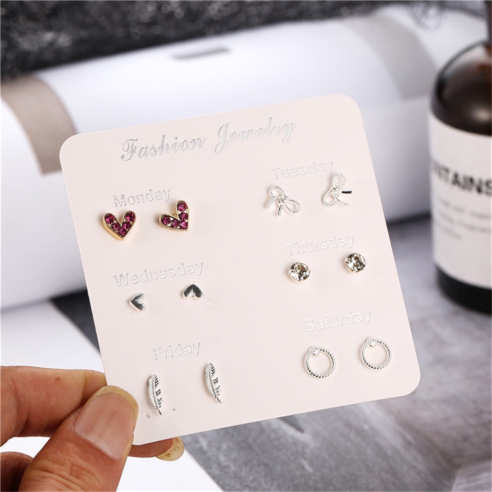 6 Pasang Anting Stud Desain Snowflake Hati Bintang Daun Permata Tiruan Untuk Wanita