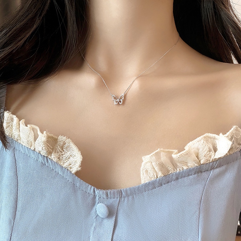 Kalung Choker 925 Sterling Silver Desain Kupu-Kupu Aksen Zircon Shining Untuk Wanita