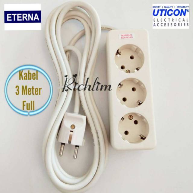 STOP KONTAK UTICON 3 LUBANG+3 METER KABEL ETERNA+STEKER ARDE UTICON/COLOKAN LISTRIK