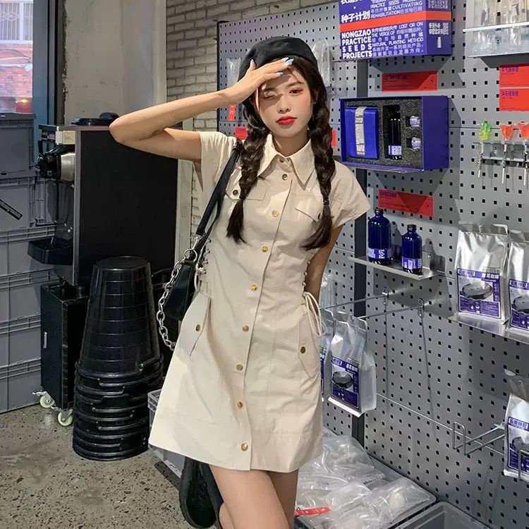 [littlecrab] Dress Wanita Cream Berkerah Full Kancing High Class Dress Berkualitas Street Style Dress High Quality Dress Pendek Tanpa Lengan Model Leher Kerah Dress Simple Elegan Casual Korean Style