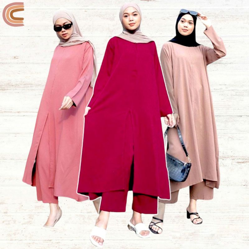 (BISA COD) SOLARIA LONGSET GAMIS / SETCEL TUNIK LAURA STELAN CELANA LONG TUNIK WOLFIS KANCING BUSUI 