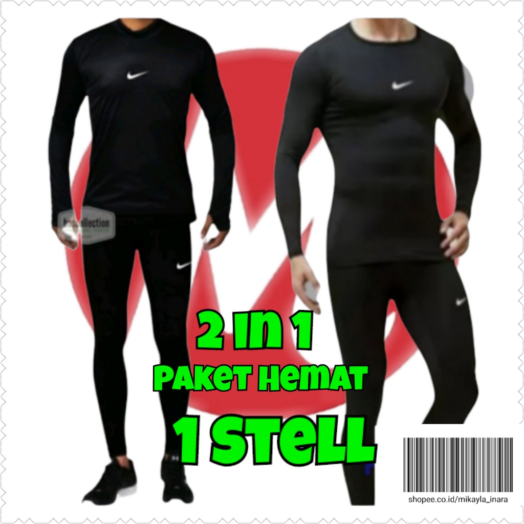 Paket Hemat 1 Stell Baselayeer Tangan Panjang Hitam Pria Manset Tangan panjang Hitam Pria Celana Leg