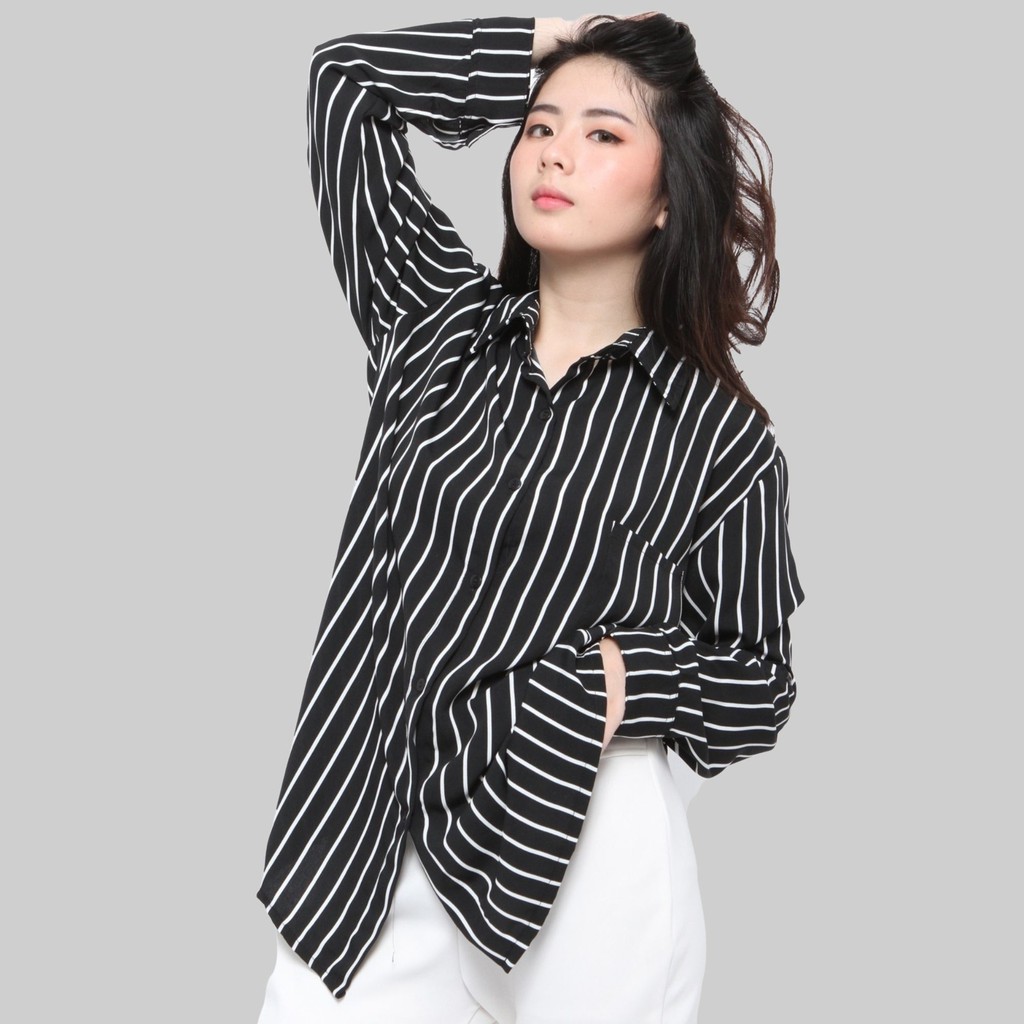 Monellina 06171 Kemeja Oversize Wanita Lengan Panjang Garis-2