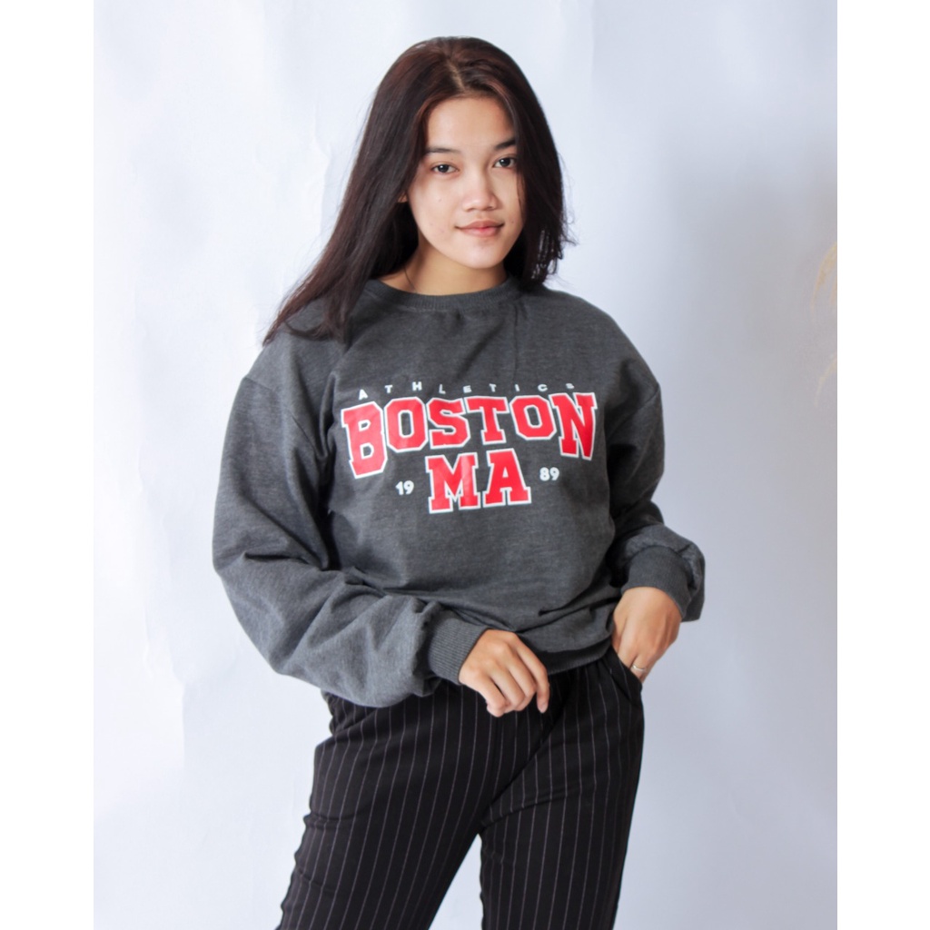 KALILA - BOSTON Sweater Crewneck Fleece Dewasa / Sweater Motif Tulisan