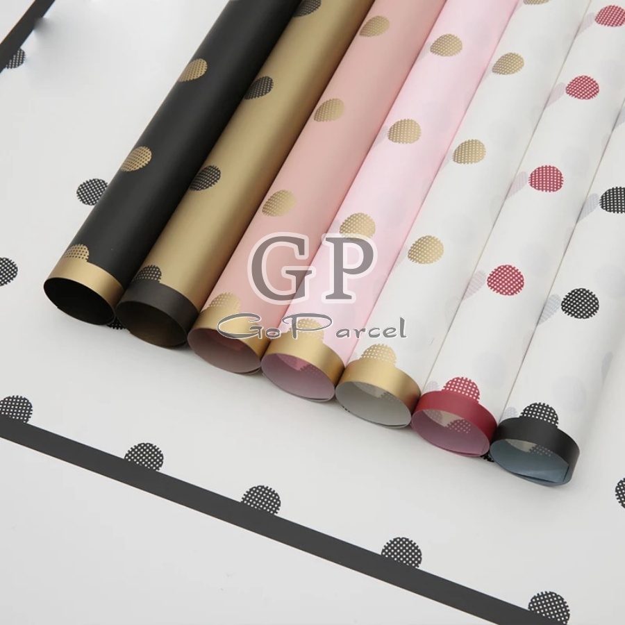 ( 5 Lembar ) FLOWER WRAPPING TRANSPARANT POLKADOT / ONDE LIS EMAS / KOREAN CELLOPHANE PLASTIC GOLD LIS / KERTAS KARANGAN BUNGA