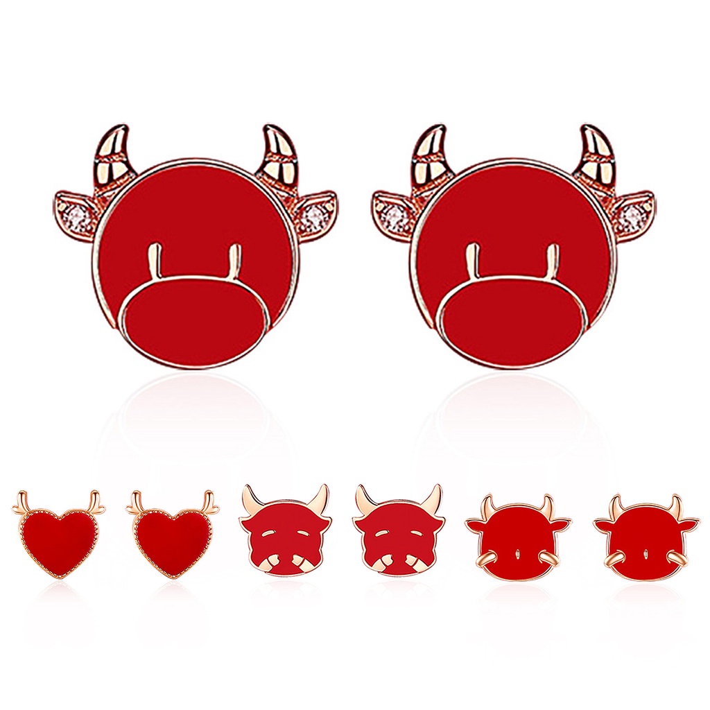 Hu Hu Hu Hu Hu Alat Bantu Pasang Kacamata♡ 1 Pasang Anting Stud Desain Sapi Warna Merah Gaya China Untuk Wanita