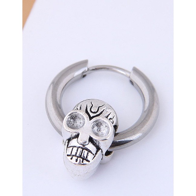 LRC Anting Tusuk Fashion Silver Titanium Steel Skull Earrings Single A59351