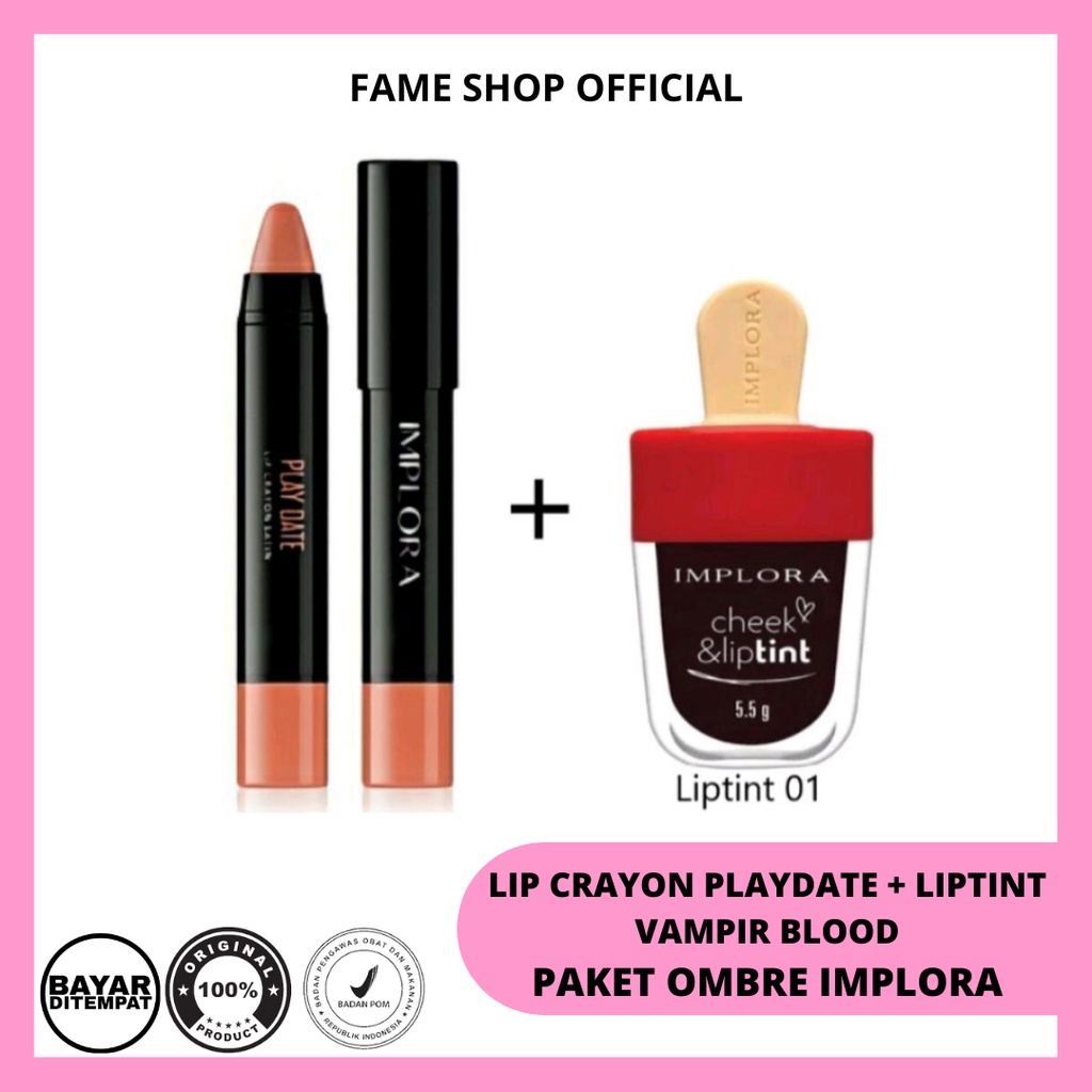 1 SET OMBRE IMPLORA LIP CRAYON SATIN PLAY DATE + LIPTINT 01 VAMPIRE BLOOD / Lipcrayon Lip tint Ombre Viral