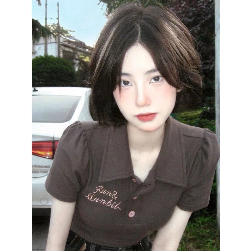 Suhao luar biasa!! [Kemeja polo keinginan murni] hong kong gaya hot girl kerah lengan pendek ins net merah pendek retro t-shirt top trendi