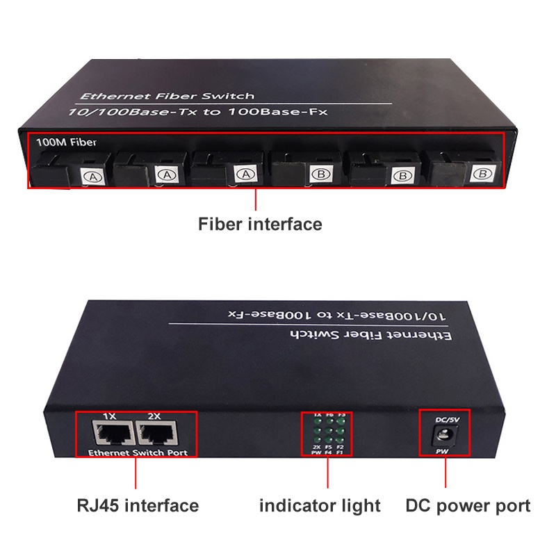 Fiber Optical Transceiver Single Mode 100M Ethernet Fiber Switch 6 Fiber Optic Port 2 RJ45 Port