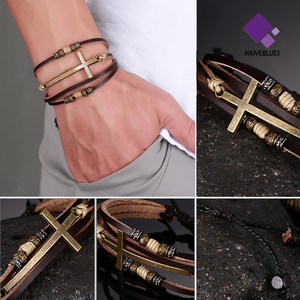 Gelang Tali Rantai Adjustable Bahan Kulit Imitasi Gaya Retro Untuk Pria Dan Wanita