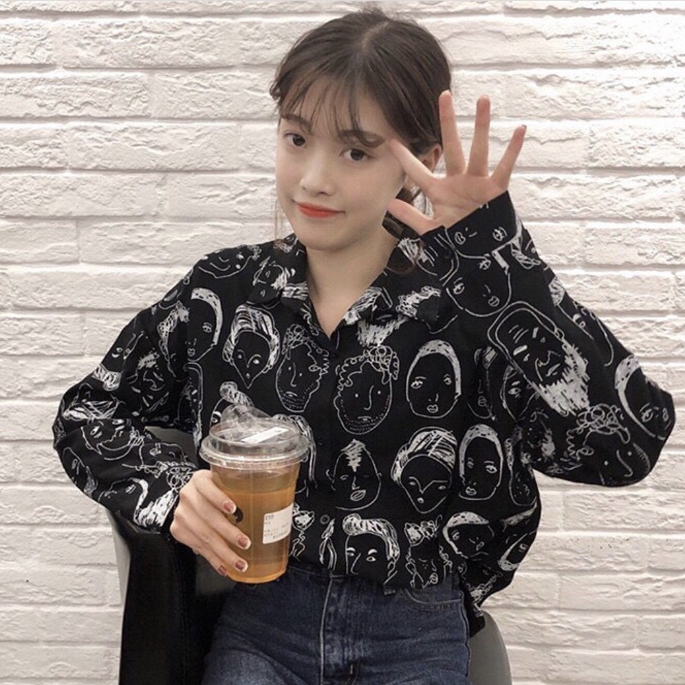 [ 𝐂𝐫𝐨𝐜𝐮𝐬 ] Kemeja wanita retro korea Face mix Wolfis-3