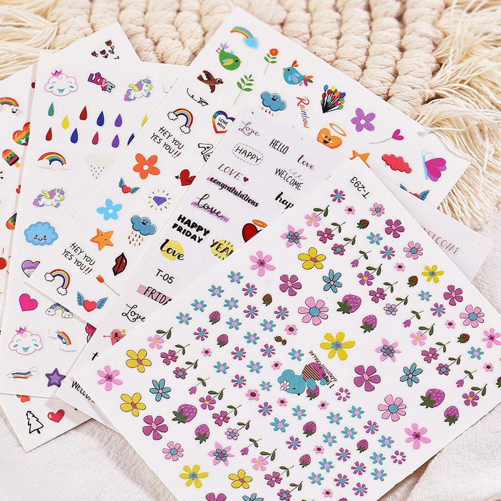 AUGUSTINA Agustina Stiker Kuku Huruf Gadis Bunga Pelangi Burung Kartun DIY Nail Decals