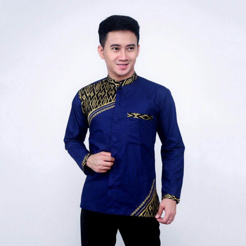 Baju Koko Pria Terbaru Kombinasi Batik Lengan Panjang Bahan Katun Motif Batik Dan Bordir Komputer Modern | Baju Koko Dewasa