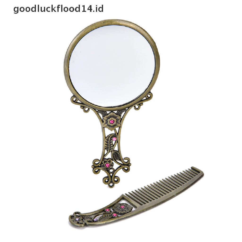 [OOID] 2PCS Bronze Handheld Mirrors Hollow Cosmetic Compact Mirror Comb Set Gift Box ID