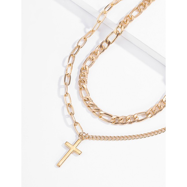 LRC Kalung Wanita Fashion Gold Color Cross Alloy Pendant Multilayer Necklace P11146